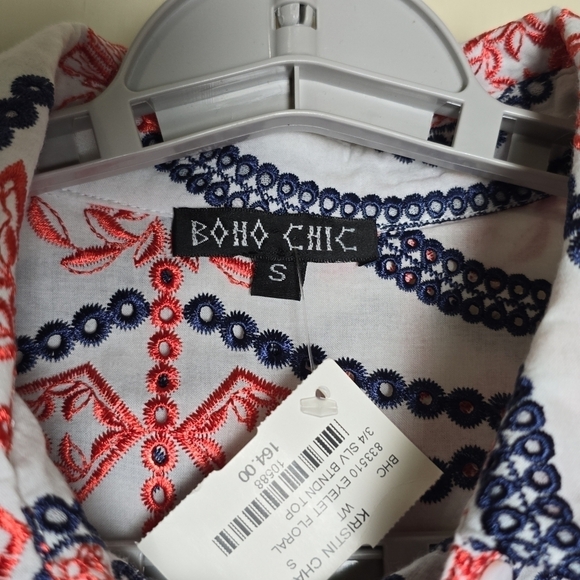 Boho Chic Heavy Embroidered Floral Eyelet Button-Down 3/4 Sleeve Blouse Small - Picture 5 of 8